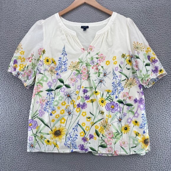 Talbots Top Womens 1X Plus Ivory Multi Floral Short Puff Sleeve V Neck Peasant - Picture 1 of 9